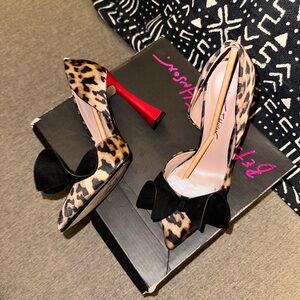 Betsey Johnson Leopard Heels with Black Bow and Red Heel